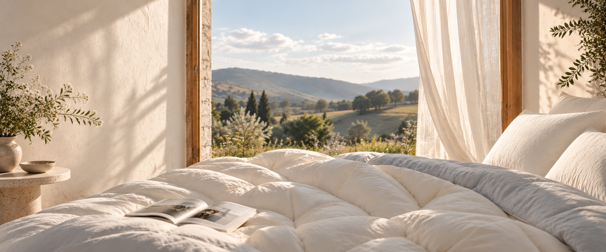 A sunlit DuoComfort bedroom overlooking a peaceful natural landscape