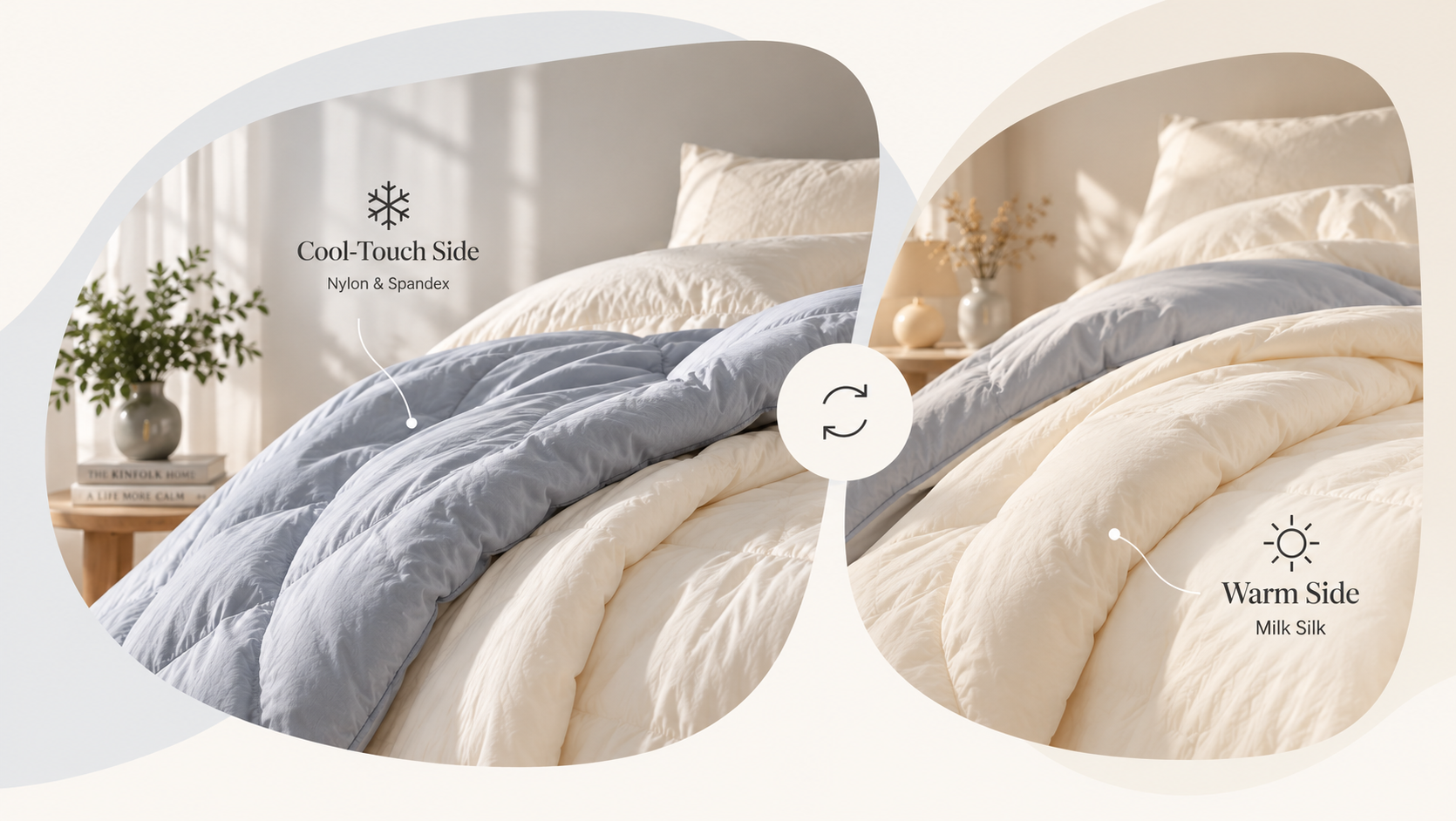 The same DuoComfort comforter shown flipped between its cool-touch blue-grey side and warm ivory side